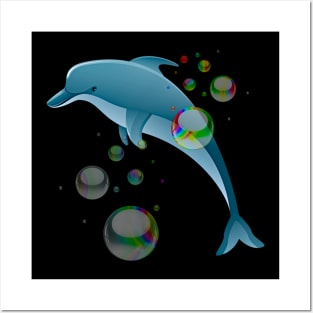 Cute and Funny Dolphin Fish with Bubbles Posters and Art